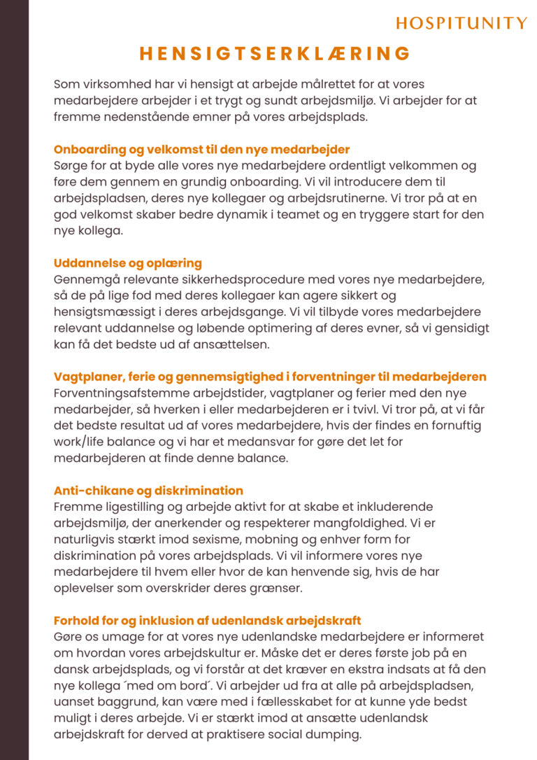 Hospitunity Code of Conduct – retningslinjer for onboarding, træning, arbejdstider, ligestilling og inklusion af udenlandske medarbejdere.