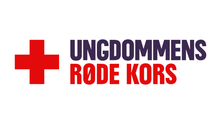 Logo for Ungdommens Røde Kors med rødt korssymbol og tekst i rød og mørkelilla.